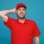 גבר עם כובע מצחיה אדום וחולצה אדומה ניצב על רקע קיר כחול במבט מבולבל